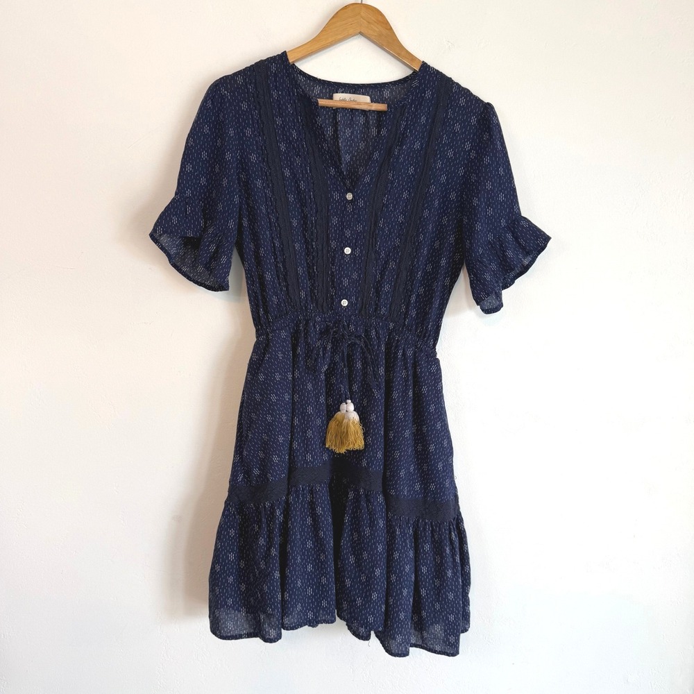 Isabella Sinclair Anthropologie Bandera Mini Dress XS Navy Tassel Ruffle Cottage